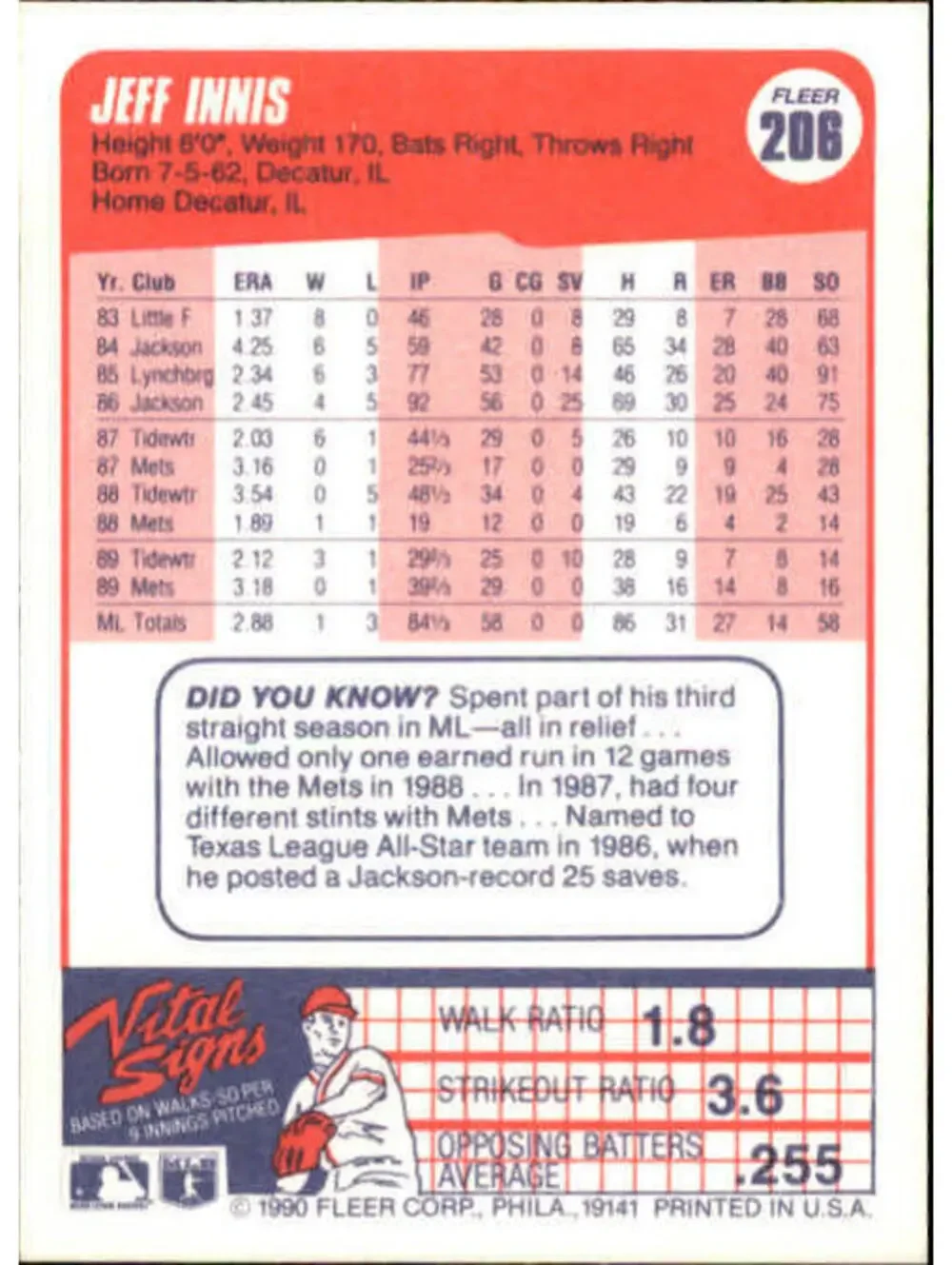 1990 Jeff Innis Fleer Baseball Card #206